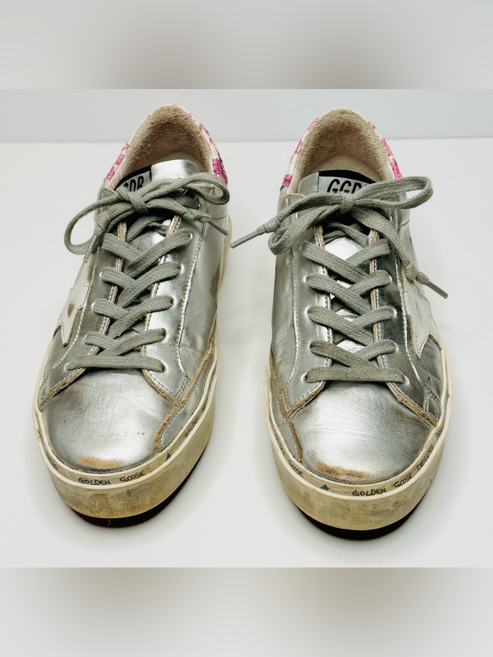 Golden Goose Hi Star Silver Leather Pink Glitter Heel Low Top Sneakers Shoes - Picture 3 of 14